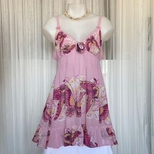 Betsey Johnson Intimate Pink Floral/Butterflies Baby Doll Night Gown Ruffle Med